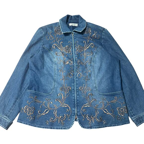 Vintage Boho Coldwater Creek Gold Embroidered Denim Jacket Size 2X - Picture 2 of 8